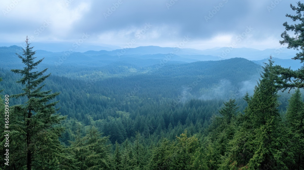 Fototapeta premium Misty Forest Landscape with Evergreen Trees and Mountains.