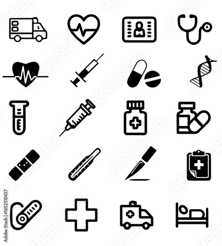 Healthcare icon set, IV drip, ambulance, doctor, and more. Vector illustration. Easily changes to any color.