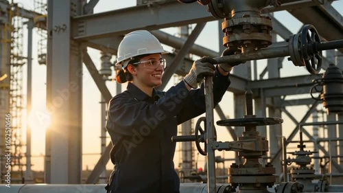 Female engineer in a hard hat and safety glasses operates valve at industrial plant