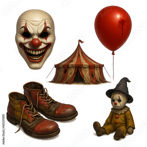 Creepy clown mask, old circus tent, red balloon with blood stain, worn clown shoes, sad clown doll with hat evoke spooky
