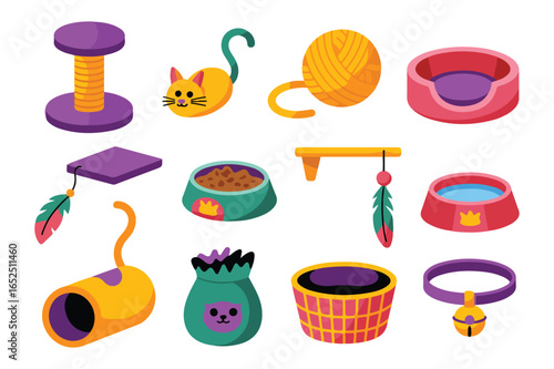 Cartoon cat accessories and toys vector illustrations