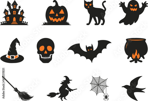 Halloween Vector Elements Set With Pumpkin, Ghost, Skull and Witch