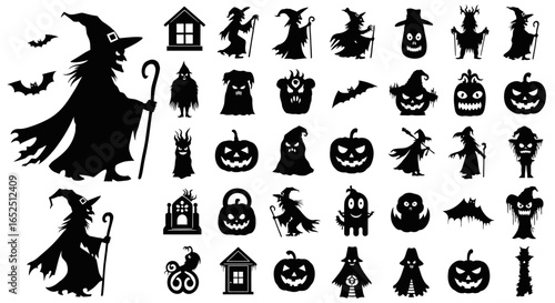 Spooky Halloween silhouettes featuring witches, pumpkins, ghosts, bats, and haunted houses for festive designs