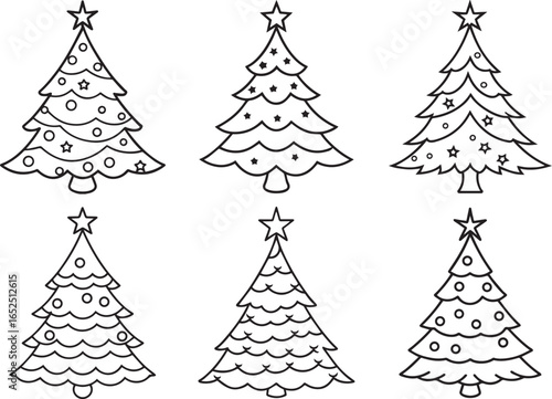 set of christmas tree outline vector illustration line art