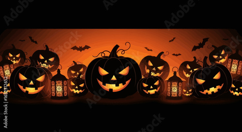 Spooky Halloween pumpkins and lanterns glow with eerie light, perfect for festive seasonal decor