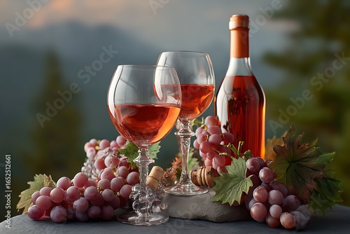 Wallpaper Mural An inviting image of wine glasses, grapes, and a bottle set against a lush vineyard backdrop, embodying warmth, elegance, and the essence of a cozy evening. Torontodigital.ca