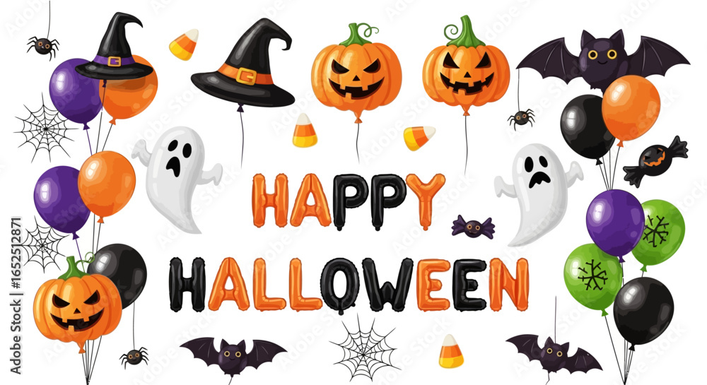 Fototapeta premium Spooky Halloween party decorations with pumpkins, ghosts, bats, and balloons create festive fun