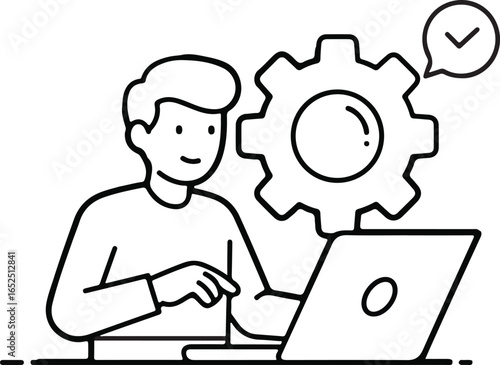 Business Management Icon – Person with Laptop and Gear