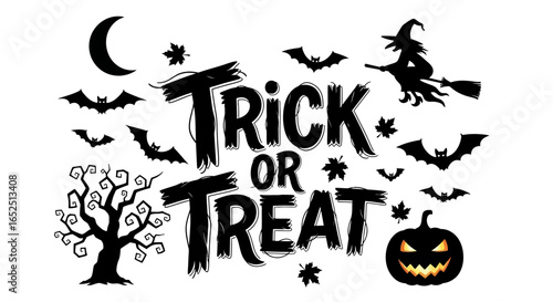 Spooky Halloween Trick or Treat design with witch, bats, haunted tree, and grinning pumpkin