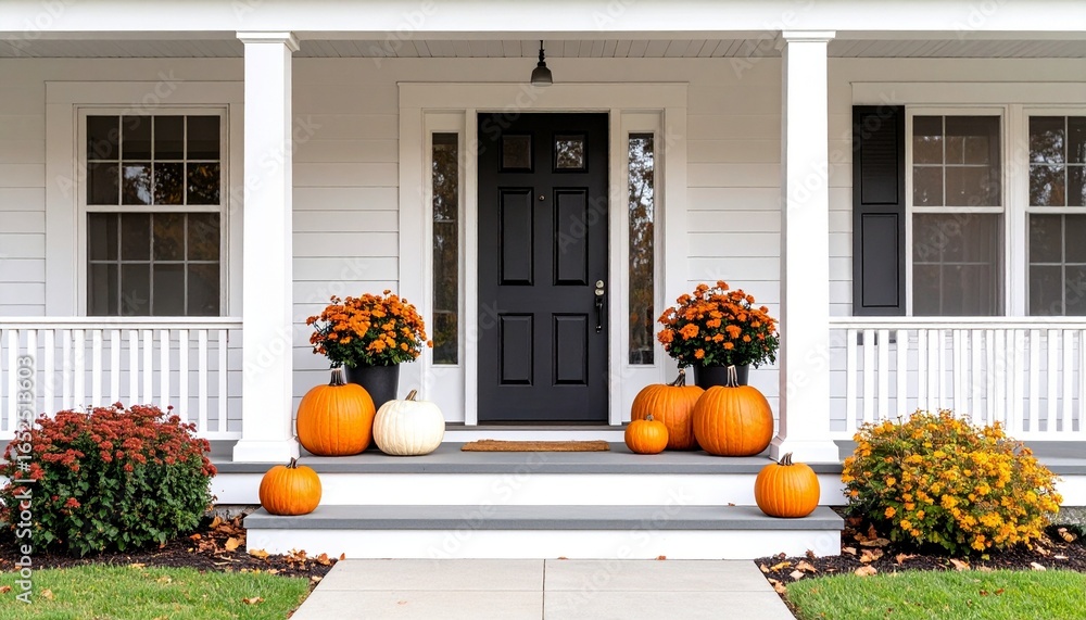 Obraz premium Autumnal Home Entrance with Pumpkins and Mums.