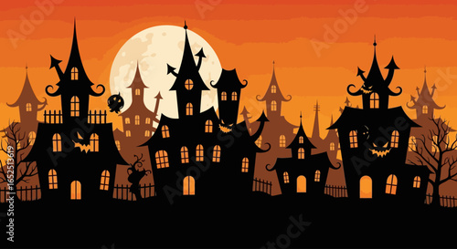 Spooky haunted houses silhouetted against a giant full moon on a vibrant orange Halloween night sky.