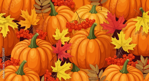 Vibrant autumn harvest with plump pumpkins, colorful maple leaves, and bright berries creating a festive seasonal scene