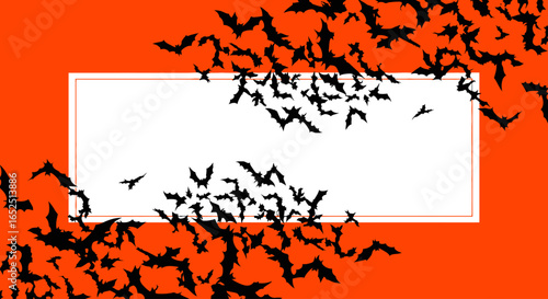 Spooky Halloween bats swarm around a blank frame, creating a festive and eerie invitation background.