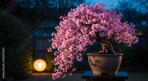 Illuminated Pink Bonsai Tree with Cherry Blossoms in a Tranquil Night Garden