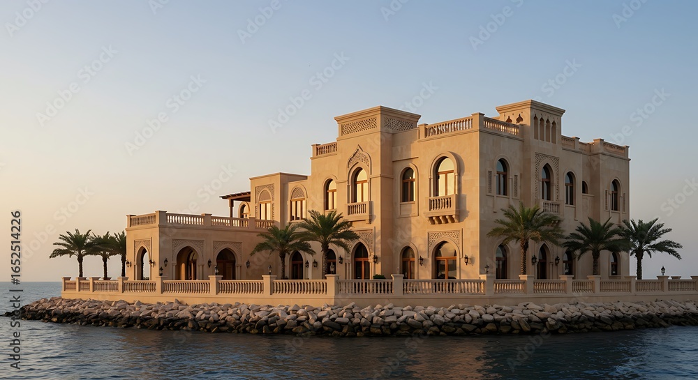 Fototapeta premium Refined heritage home designed for waterfront living in Saudi Arabia Contemporary Architectural Design