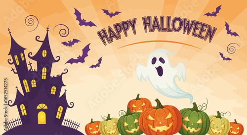 Spooky haunted house scene with grinning pumpkins, playful ghost, and flying bats for Halloween celebrations