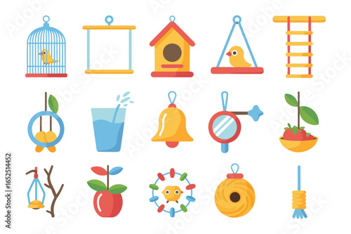 Cute vector illustrations of birds and birdhouse elements