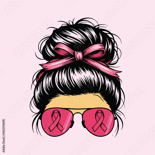 Breast cancer awareness. Messy bun  with pink ribbon in her hair and sunglasses