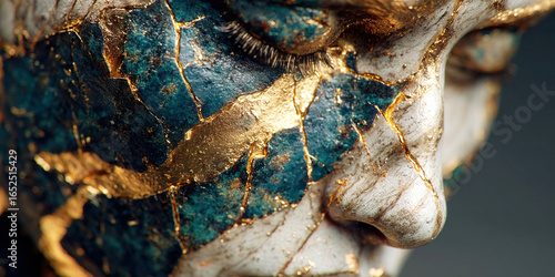 Close up of a kintsugi process revealing human head art blending psychology and Japanese tradition