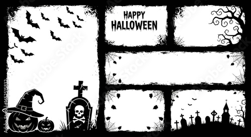 Spooky Halloween graphic elements with pumpkins, bats, tombstones, and cobwebs ready for your design.