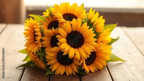 A sunflower bouquet on a rustic wooden surface, bathed in warm golden light.