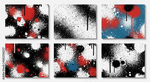 Dynamic spray paint splatter backgrounds in vibrant red, blue, and black abstract art textures