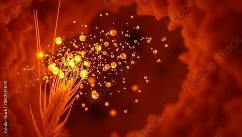 Microscopic wheat grains bursting into glowing particles against intestinal villi textures.