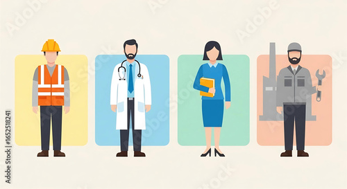 Diverse professionals standing for career representation in a flat design, showcasing different work sectors and their importance in building a community, workforce illustration