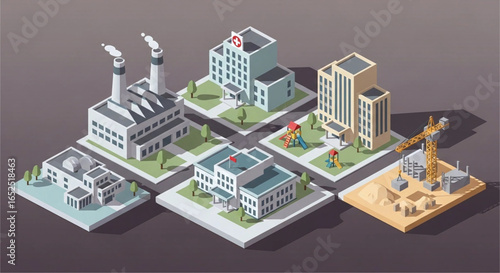 Isometric representation of diverse civic buildings showcasing a factory hospital government building skyscraper and construction site in a miniature urban planning style