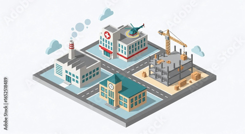Isometric illustration showcasing a miniature city with essential services and ongoing construction representing urban development and community infrastructure planning