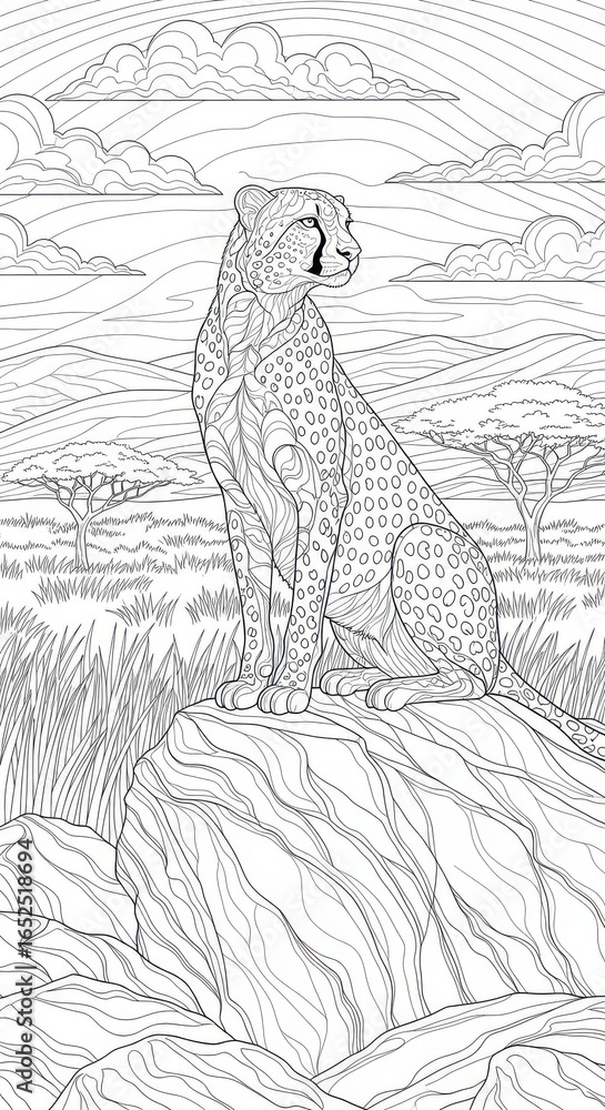 Naklejka premium Detailed line art illustration of a regal cheetah in a savanna landscape