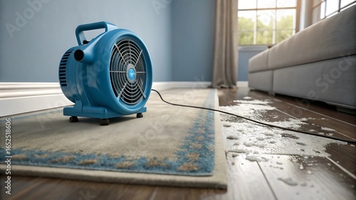 Carpet Drying with Air Blower after Water Leak in Living Room
