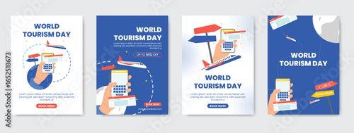 World Tourism Day poster set with travel elements such as suitcase, hot air balloon, passport, and landmarks in flat modern style. Perfect for tourism, vacation, holiday, and travel promotion design.