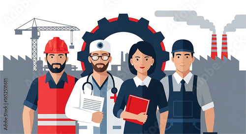 Diverse Professionals Contributing to Industry and Community, Representing Essential Services and Economic Sectors with a Flat Design Style and Symbolic Industrial Backdrop