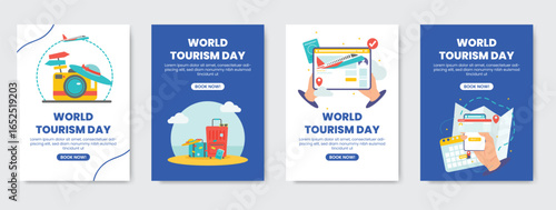 World Tourism Day poster set with travel elements such as suitcase, hot air balloon, passport, and landmarks in flat modern style. Perfect for tourism, vacation, holiday, and travel promotion design.