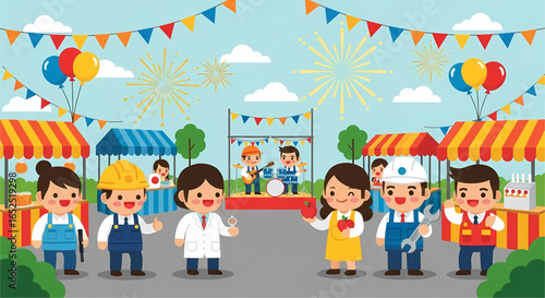 Festive Community Celebration with Professionals, Musicians, and Market Stalls Depicting Joy and Unity in a Vibrant Illustrated Setting for All Ages to Enjoy