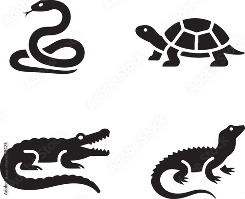 Black silhouettes of a snake turtle alligator and lizard on white background