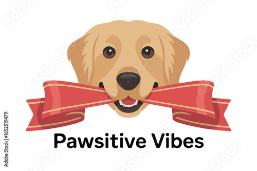 Golden retriever dog holding ribbon pawsitive vibes