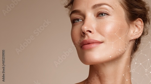 White molecules structure near sensual woman face with lifting lines. Over beige background. Beauty science concept.