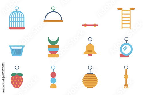 Flat vector illustrations of bird accessories and toys