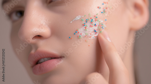Woman applying facial cream containing visible microplastic particles illustrating health concerns related to endocrine-disrupting chemicals in cosmetic products