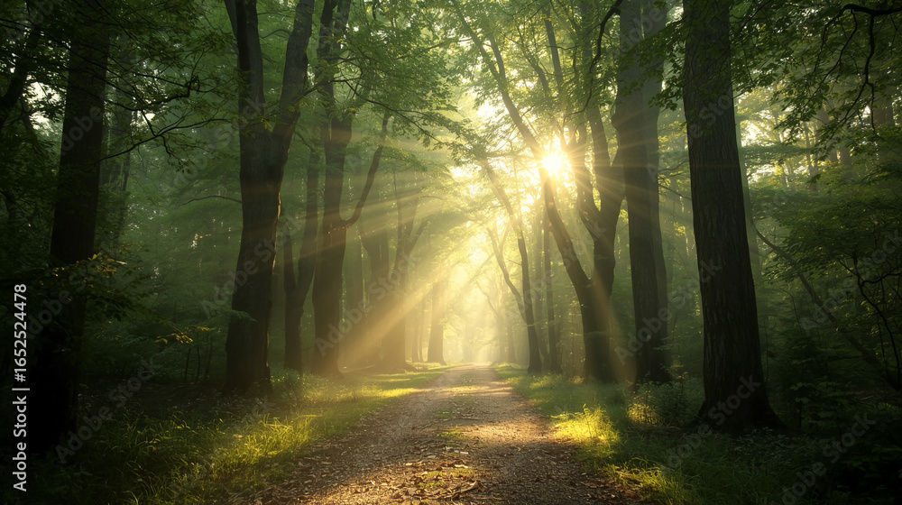 Obraz premium Serene Morning Sunlight Illuminating Pathway Through Lush Green Forest Scenery