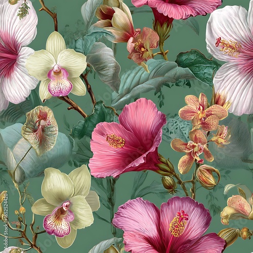 Pink Hibiscus and Orchid Floral Pattern on Teal Green Background vintage
