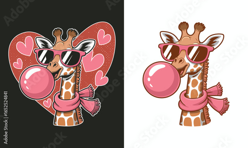Funny Cute  Giraffe Wearing Pink Sunglasses And Blowing Bubble Gum - Giraffe Lover T Shirt Design