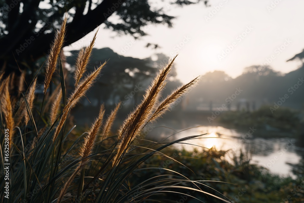 Obraz premium Golden sun glow on tall grass. Scenic sunset over a tranquil river with lush vegetation. Natural landscape for summer and autumn projects.