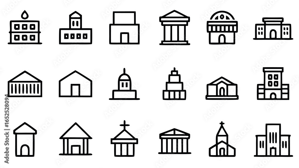 Collection of eighteen simple line art building icons on white background architecture house Collection of eighteen simple line art building icons on white background architecture house