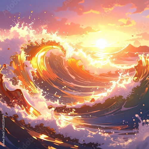 夕日と波が織りなす幻想的な海の風景