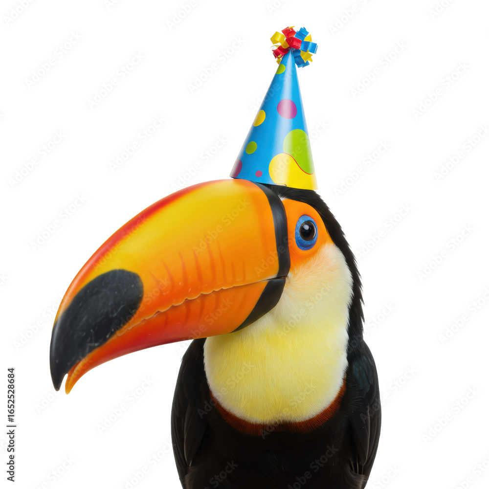 Obraz premium A toucan bird in a party hat, ready to celebrate a birthday.