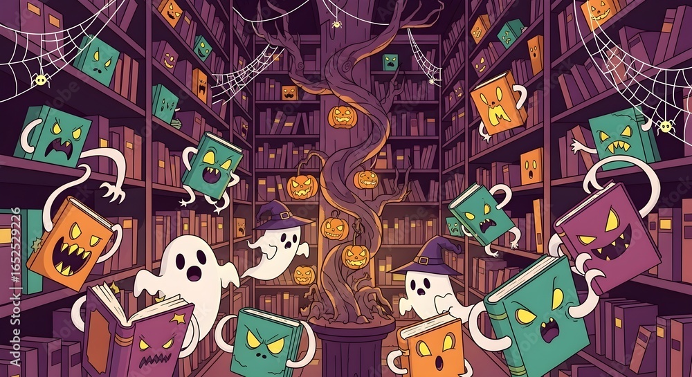 Fototapeta premium Spooky animated books and ghosts float around bookshelves adorned with pumpkins and cobwebs