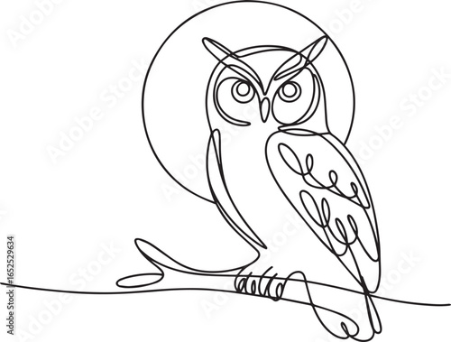 Continuous one line drawing of an owl perched on a branch with the moon behind, minimalist nocturnal bird art in black outline